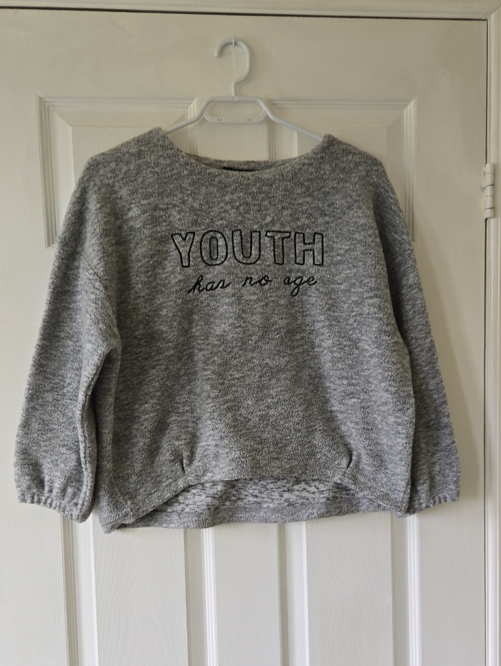 Cozy Grey 'Youth' Embroidered Crewneck Sweater